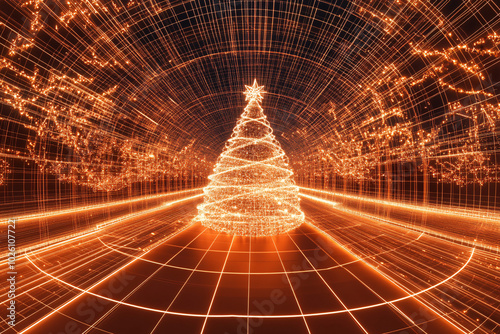 A glowing wireframe Christmas tree in a futuristic setting with golden lights, surrounded by grids and illuminated geometric patterns 