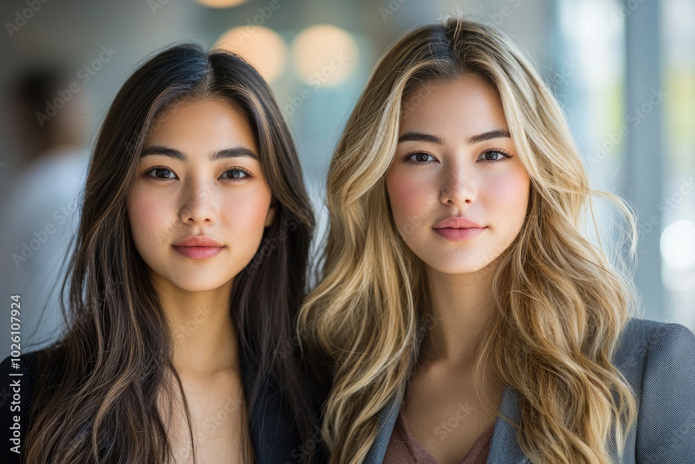 Two Women with Long Hair Looking Directly at the Camera Two Women with Long Hair Looking Directly at the Camera