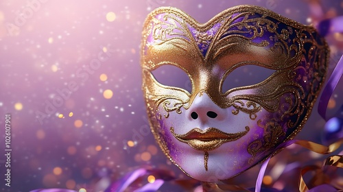 Venetian mask shimmering gold and purple with bright carnival streamers and a shiny whistle on a minimalistic soft lavender background for a clean and elegant carnival party theme photo