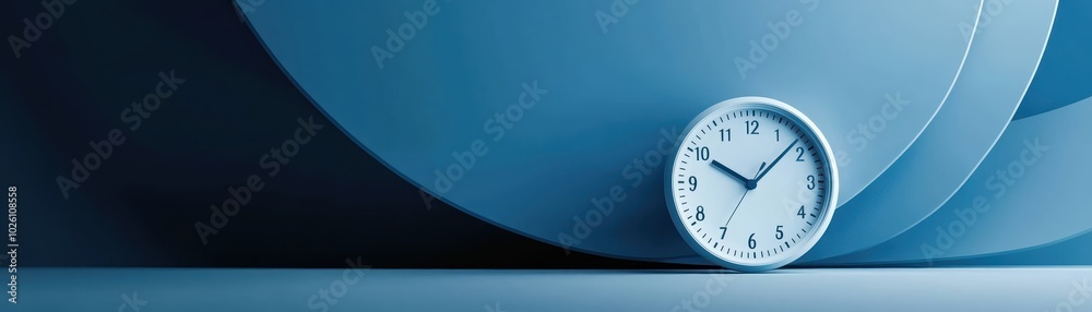 Minimalist clock against layered blue background, emphasizing time management, modern design, and simplicity. Perfect for productivity themes.