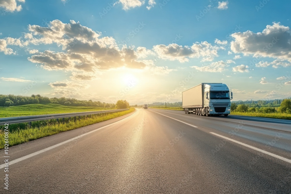 Scenic Highway with Truck Under Bright Sky Scenic Highway with Truck Under Bright Sky