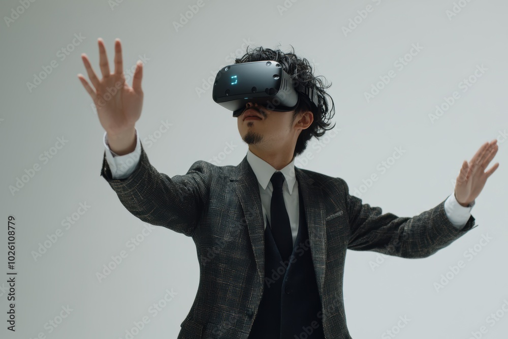 Businessman wearing goggles engaged Virtual Reality Experience