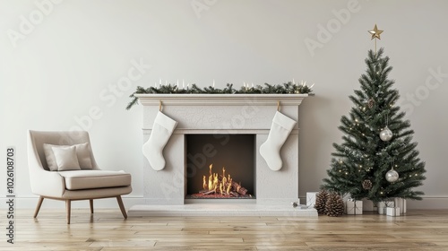 Cozy living room decorated for Christmas with a fireplace, stockings, and a beautifully decorated tree.