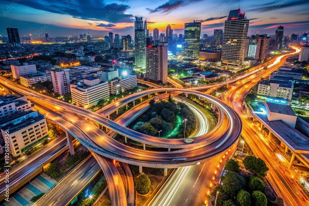 Obraz premium Long Exposure Aerial Night Photography of Busy Intersection with Motion Blur in Modern Bangkok City