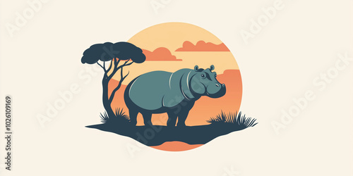 Africa. vector illustration of Africa, wild hippo, flat background. mountains, landscape. environmental friendly. sun over a mountain, sky , colorful image. representation icon logo. photo