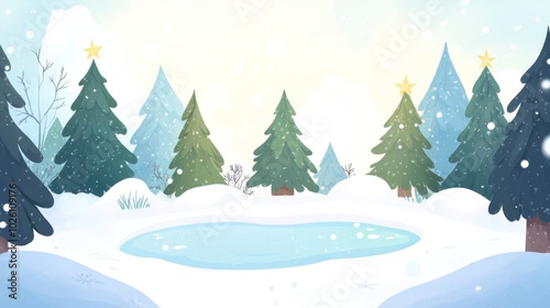 Serene snowy scene with frozen pond and evergreens, ideal for holidays