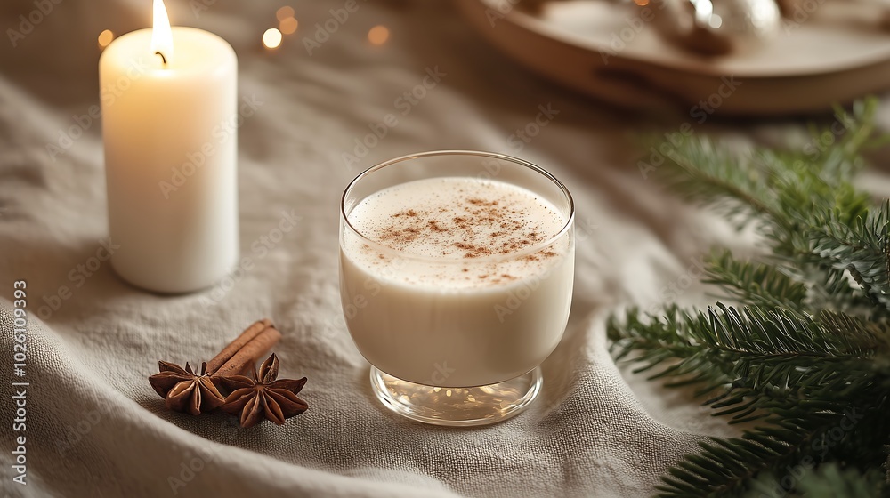 winter traditional Christmas eggnog with cinnamon sprinkled and spices, candle, linen, cozy setting, night winter traditional Christmas eggnog with cinnamon sprinkled and spices, candle, linen, cozy setting, night