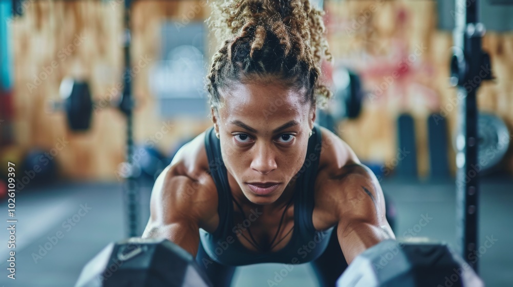A close-up of a determined woman's hands gripping dumbbells during a challenging gym class, muscles defined and engaged A close-up of a determined woman's hands gripping dumbbells during a challenging gym class, muscles defined and engaged