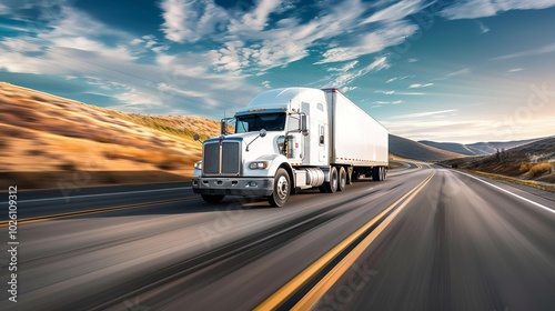 driving a semi-truck on the highway while towing a cargo trailer. swift-moving vehicle, Generative AI.