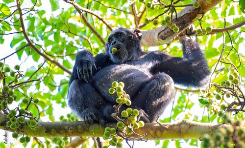 Chimpanzee on a fig tree at the Budongo forest in Murchison falls national park in Uganda photo
