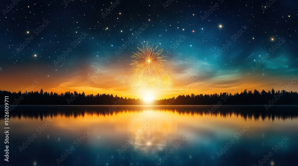 Vibrant sunset over a tranquil lake, with stars twinkling in the night sky. Firework theme