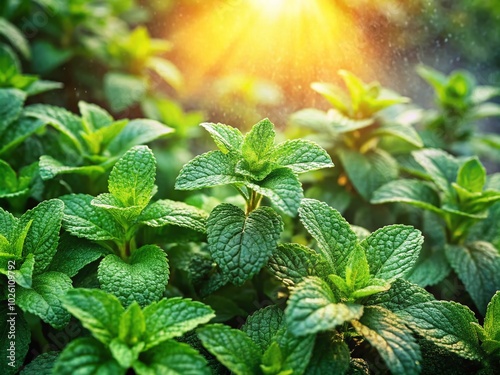 Long Exposure of Lush Green Mint Bushes in a Home Garden, Capturing the Essence of Fresh Herbs and photo