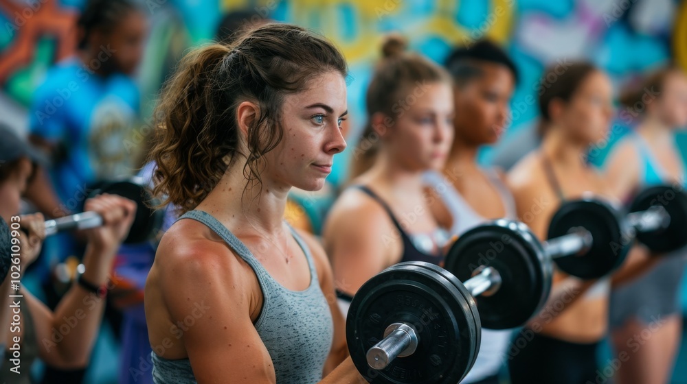 A close-up of a determined woman's hands gripping dumbbells during a challenging gym class, muscles defined and engaged A close-up of a determined woman's hands gripping dumbbells during a challenging gym class, muscles defined and engaged