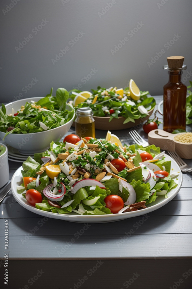 Fresh mixed salad on a table with various vegetables and condiments in a bright indoor setting Fresh mixed salad on a table with various vegetables and condiments in a bright indoor setting