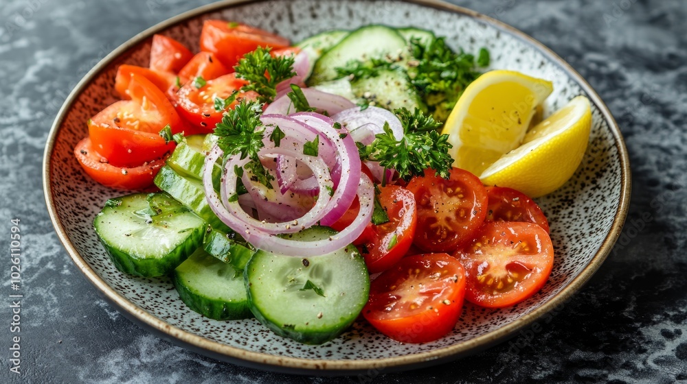 A plate of fresh salad with tomatoes, cucumbers, red onion, parsley and lemon wedges. A plate of fresh salad with tomatoes, cucumbers, red onion, parsley and lemon wedges.