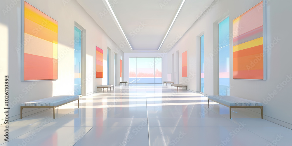A minimalist, modernist artwork adorning the walls of a mental health wellness center, conveying a sense of order and stability.