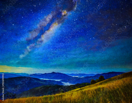 A breathtaking night sky filled with stars illuminating mountains and hills under a clear blue hue