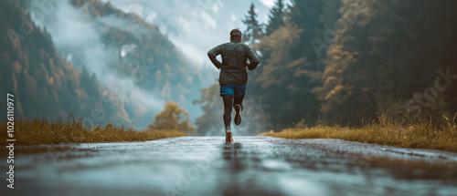 Male runner running on road in autumn foggy forest mountain, back view, low angle shot. Symbolising way to success 