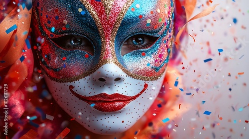 Elegant carnival mask in a spectrum of colors positioned at the top of a minimalist banner with bold festive streamers and confetti in the background leaving ample space for text below photo