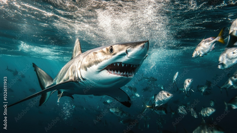Naklejka premium A shark captured mid-hunt, chasing a group of smaller fish in the open sea, demonstrating its agility and strength.