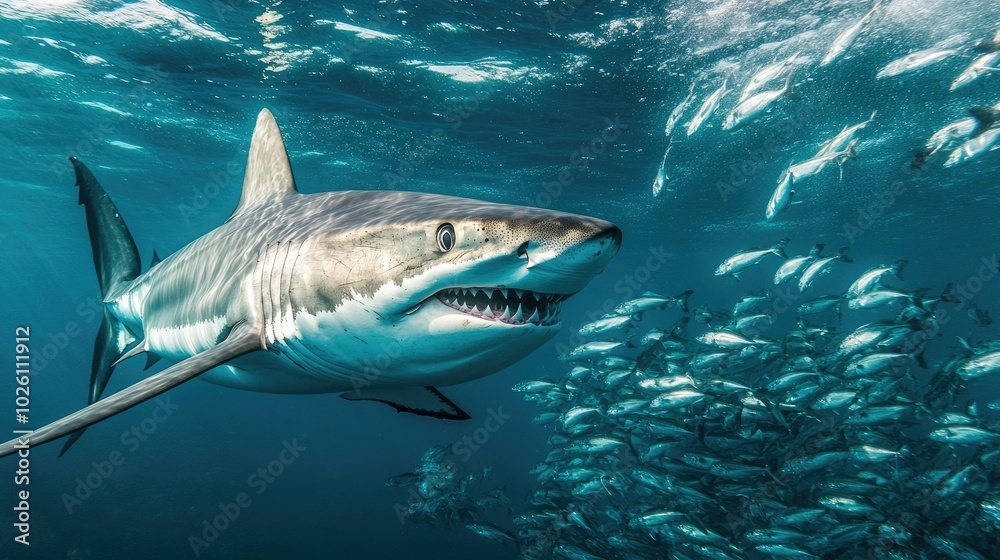 A shark captured mid-hunt, chasing a group of smaller fish in the open sea, demonstrating its agility and strength. A shark captured mid-hunt, chasing a group of smaller fish in the open sea, demonstrating its agility and strength.