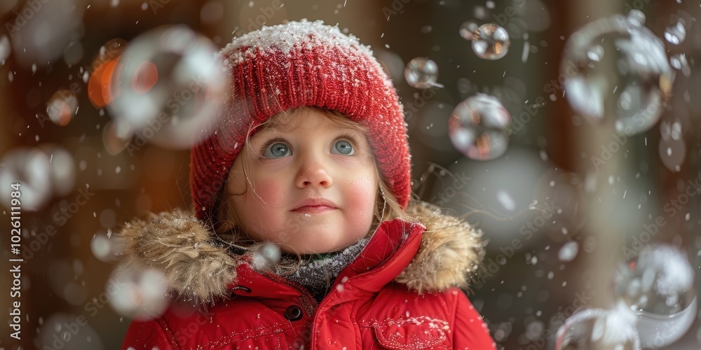 A young child gazes in wonder as they are surrounded by bubbles in a festive winter setting, their red hat and jacket contrasting with the snowy background A young child gazes in wonder as they are surrounded by bubbles in a festive winter setting, their red hat and jacket contrasting with the snowy background