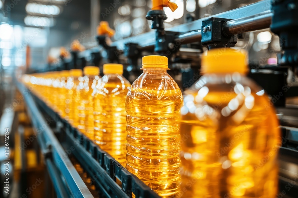 Close-up of a Conveyor Belt Filled with Yellow Plastic Bottles Close-up of a Conveyor Belt Filled with Yellow Plastic Bottles