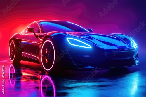 Futuristic Car with Neon Lights on Glossy Surface