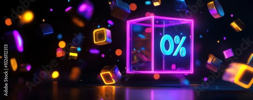 Vibrant 3D composition featuring a neon cube with 0% sign, surrounded by glowing geometric shapes on a dark background.