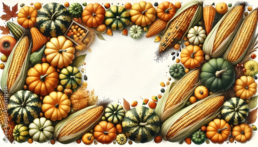 Top view of fall vegetables, corn, and decorative gourds around an empty area for copy