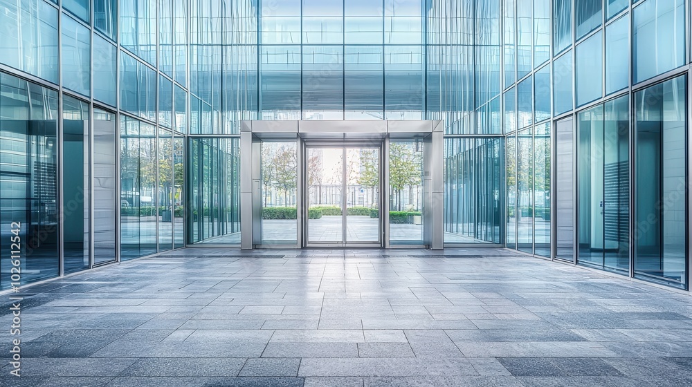 Modern office building lobby with glass walls, reflecting natural light and a spacious interior design, ideal for corporate environments. Modern office building lobby with glass walls, reflecting natural light and a spacious interior design, ideal for corporate environments.