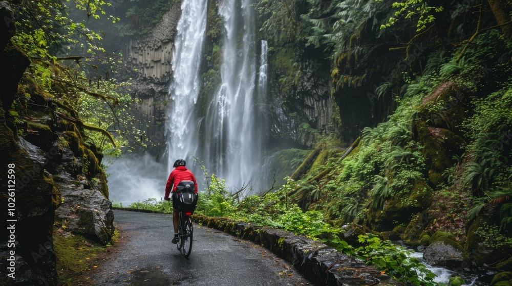 Cyclist on a bike path next to a waterfall Cyclist on a bike path next to a waterfall