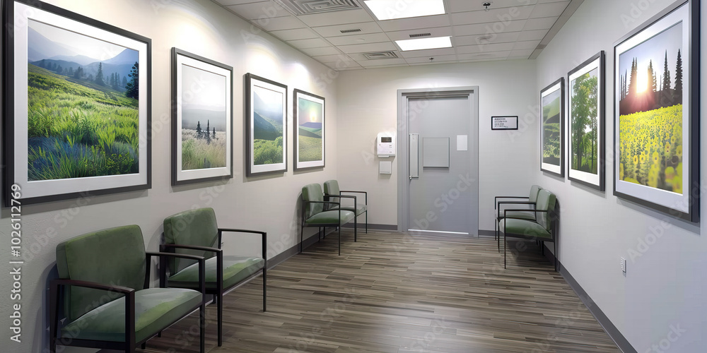 Fototapeta premium A series of framed photographs on the walls of a mental health outpatient center, showcasing images of resilience and hope.