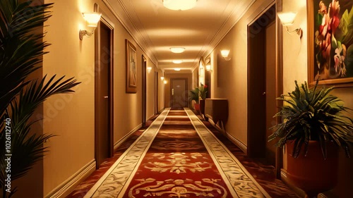 Luxurious Hotel Hallway with Elegant Carpeting Warm Lighting in Upscale Setting