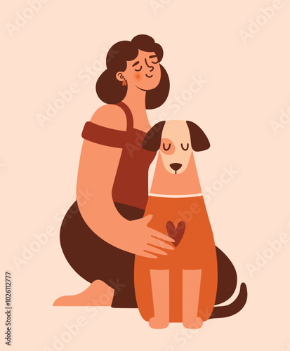 Woman owner of dog sitting and hugging this cute dog. Care about pet. Adopt don't shop. Naive illustration with female person and domestic animal. Cartoon clip art for card, banner, sticker.