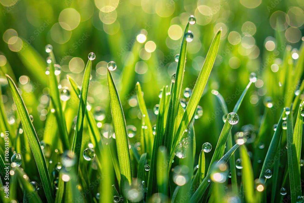 Fototapeta premium Macro Photography of Freshly Mowed Lawn with Dew Drops and Grass Blades