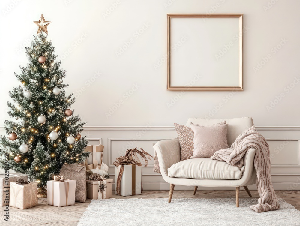christmas frame mockup, picture frame, living room, pastel neutral colors christmas frame mockup, picture frame, living room, pastel neutral colors