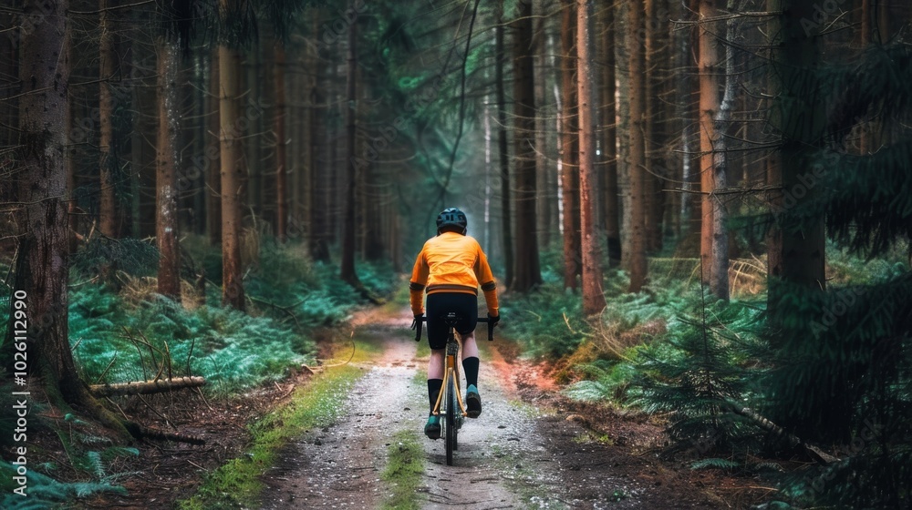 Obraz premium Cyclist in a nature park with mountains in the background