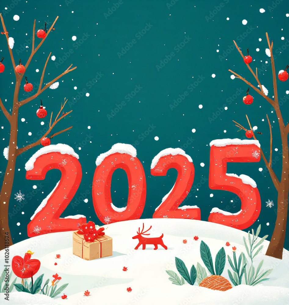 A vibrant and colorful winter scene is depicted in this Festive 2025 New Year composition, set against a deep teal background._00001_