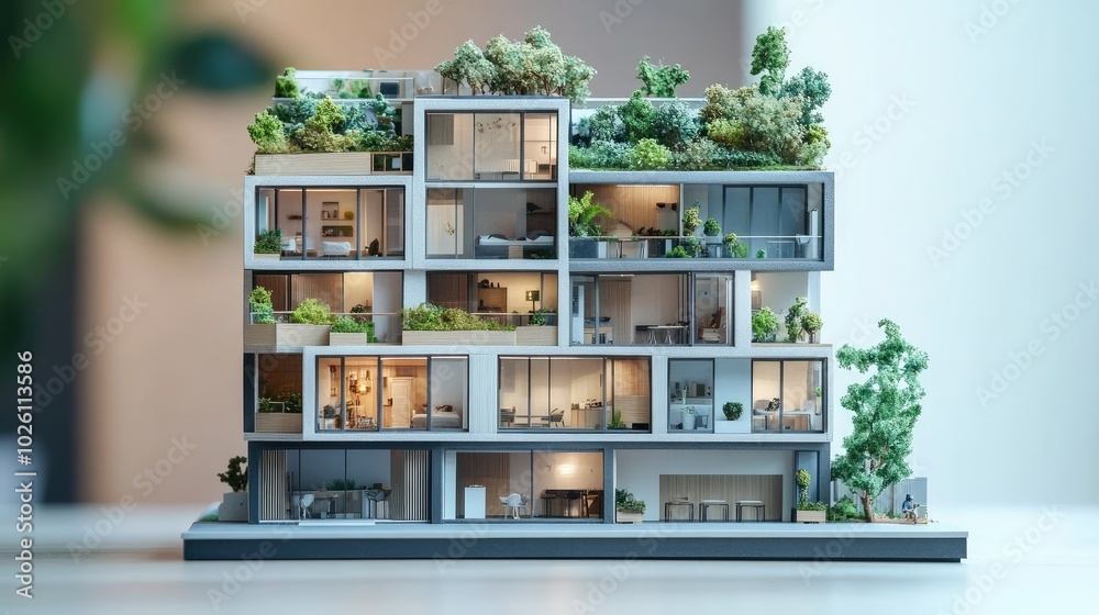 A tiny urban apartment building model, highlighting the compact design of units with rooftop greenery and a ground-level cafe. A tiny urban apartment building model, highlighting the compact design of units with rooftop greenery and a ground-level cafe.