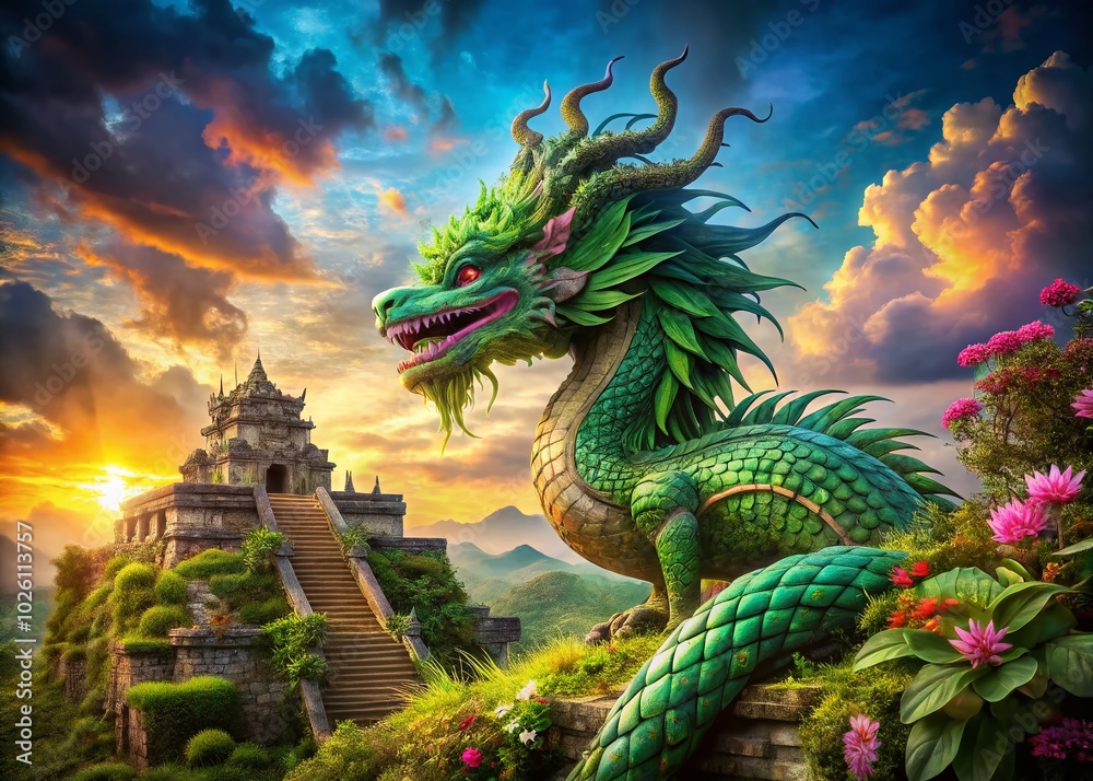 Fototapeta premium Majestic Dragon Crawling Amongst Ancient Architecture in a Fantasy Landscape