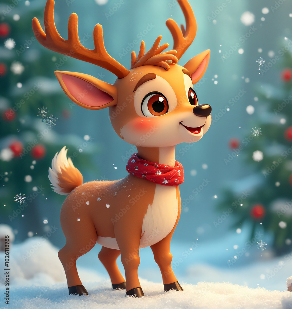 A merry cartoon deer beams with joy, surrounded by a blurred shimmer of garland and delicate snowflakes in winter wonderland setting._00001_ A merry cartoon deer beams with joy, surrounded by a blurred shimmer of garland and delicate snowflakes in winter wonderland setting._00001_