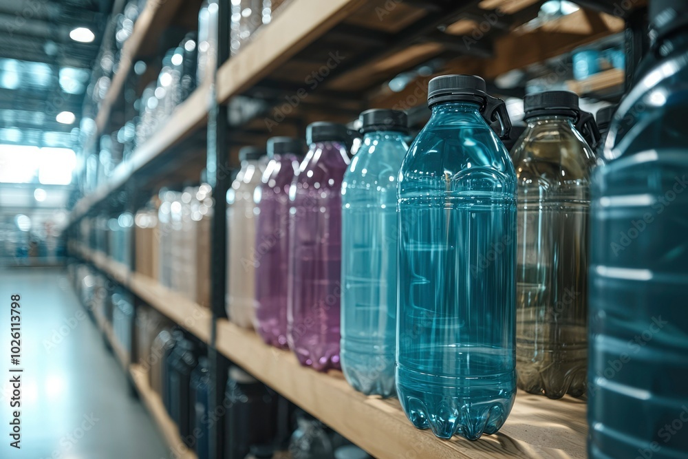 Close-up of plastic water bottles on wooden shelves in a warehouse Close-up of plastic water bottles on wooden shelves in a warehouse