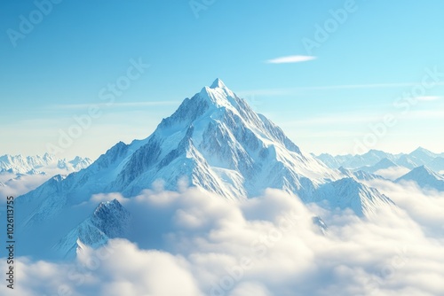 Majestic Snow-Capped Mountain Above White Clouds