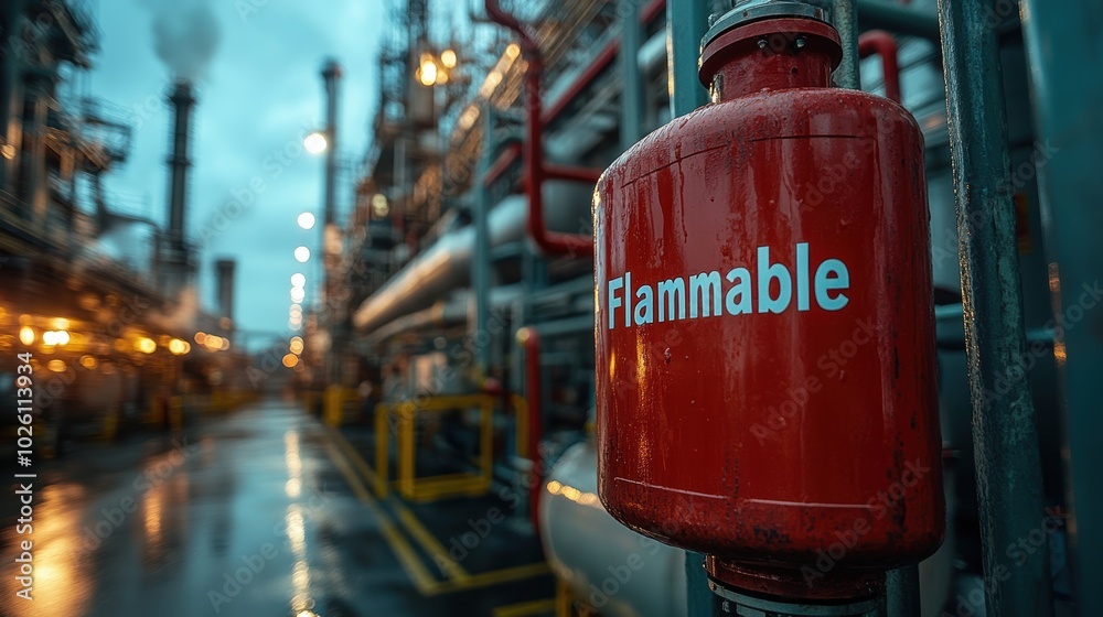 Fototapeta premium A highly detailed image portrays an industrial setting with a red flammable gas canister in the foreground, showcasing the critical safety measures in the manufacturing environment