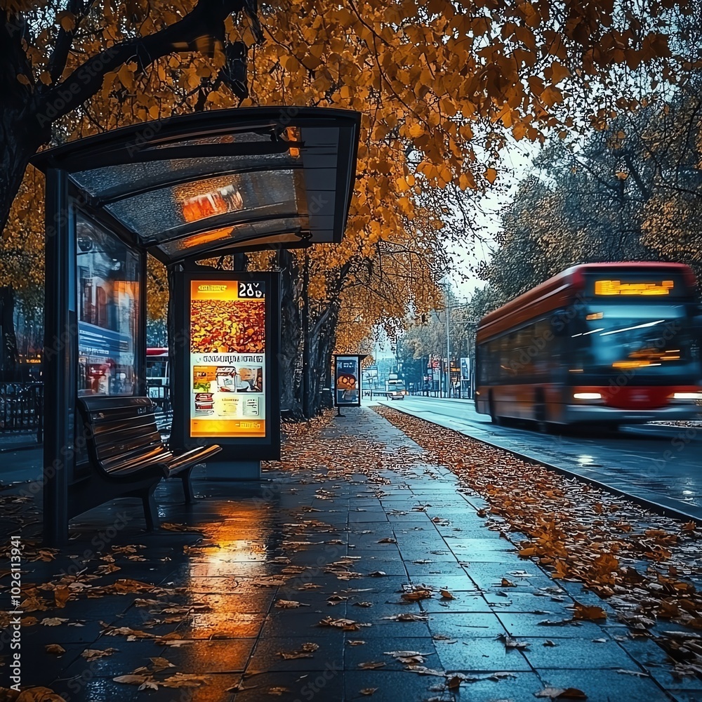 Obraz premium A bus stop with an empty advertising billboard in an urban setting with fallen leaves on the ground and a bus passing by in the background. Generative AI