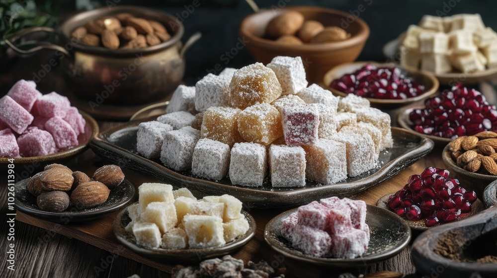 A variety of Turkish confectionery including sugar-coated almonds and pomegranate-flavored Turkish delight. A variety of Turkish confectionery including sugar-coated almonds and pomegranate-flavored Turkish delight.