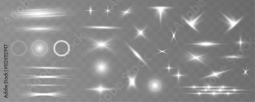 Collection of highlights, stars and rays of light with luminous swirling and spiraling particles on a transparent background. Light effect, star, flare, sparkle set. 