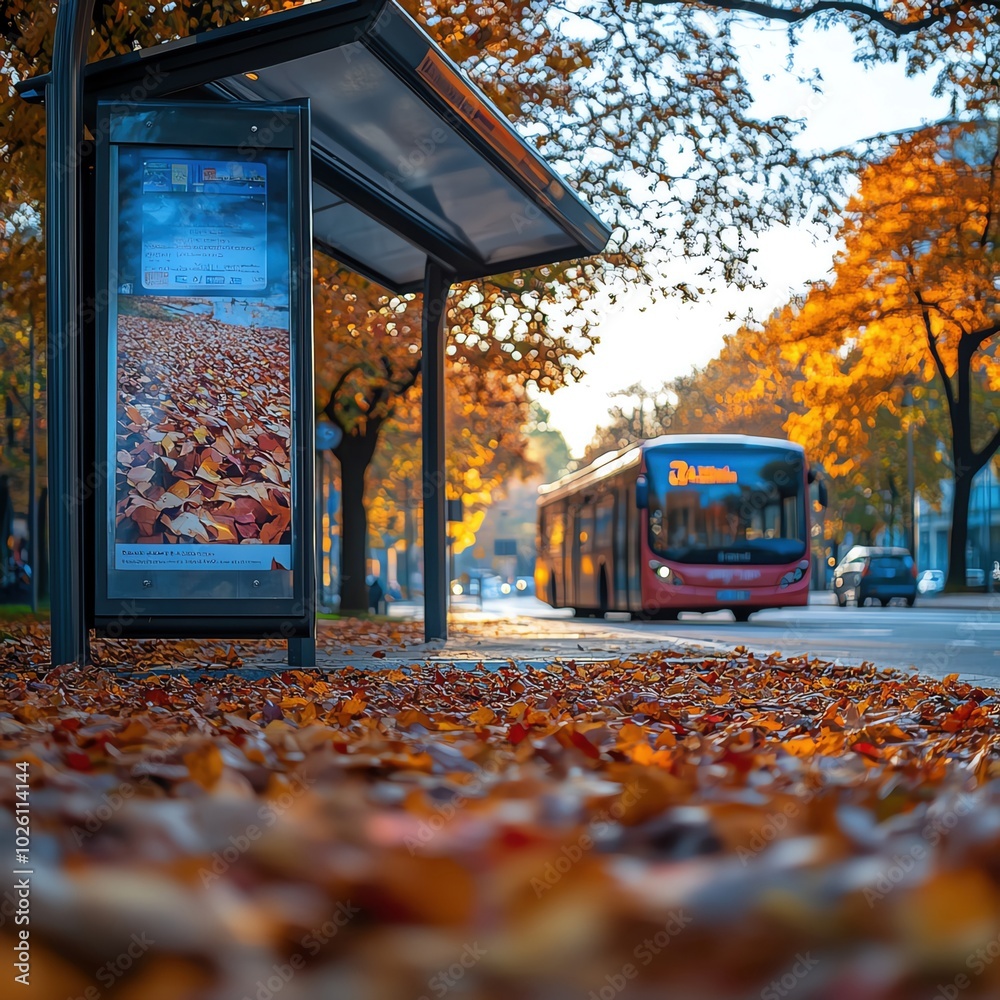 Obraz premium A bus stop with an empty advertising billboard in an urban setting with fallen leaves on the ground and a bus passing by in the background. Generative AI