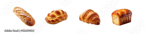 Variety of freshly baked bread types including loaf, baguette, and croissant isolated on transparent background photo